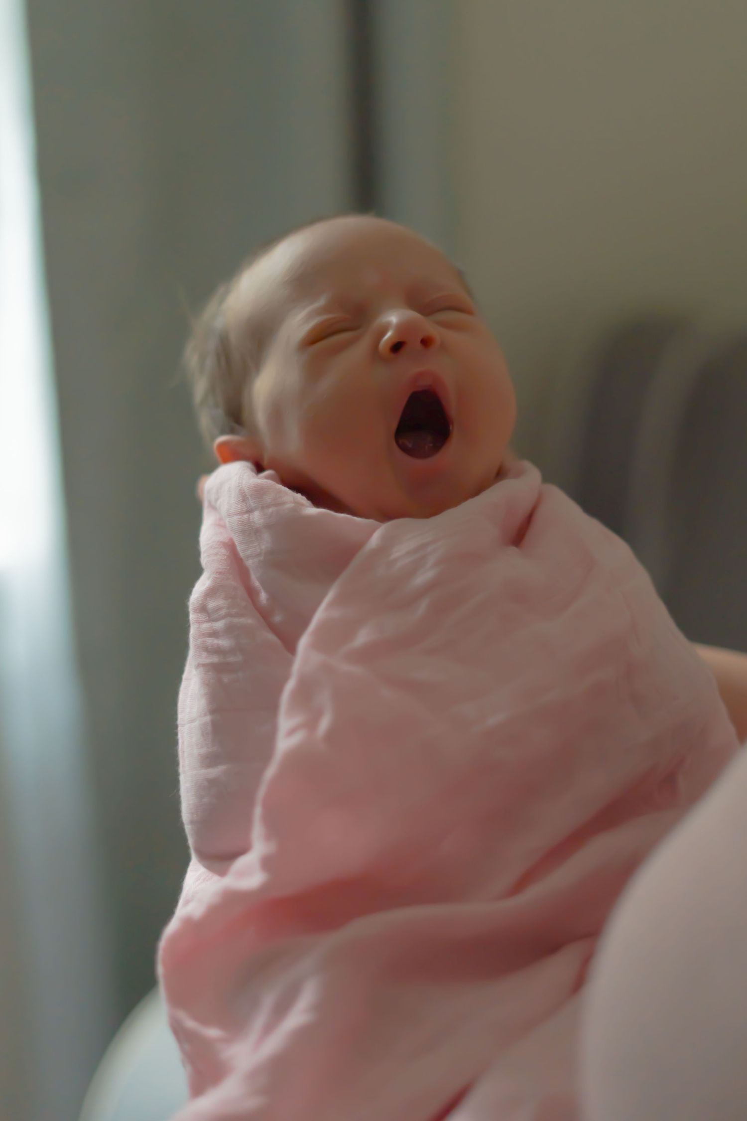 Newborn baby in pink swaddle yawning during portrait session.