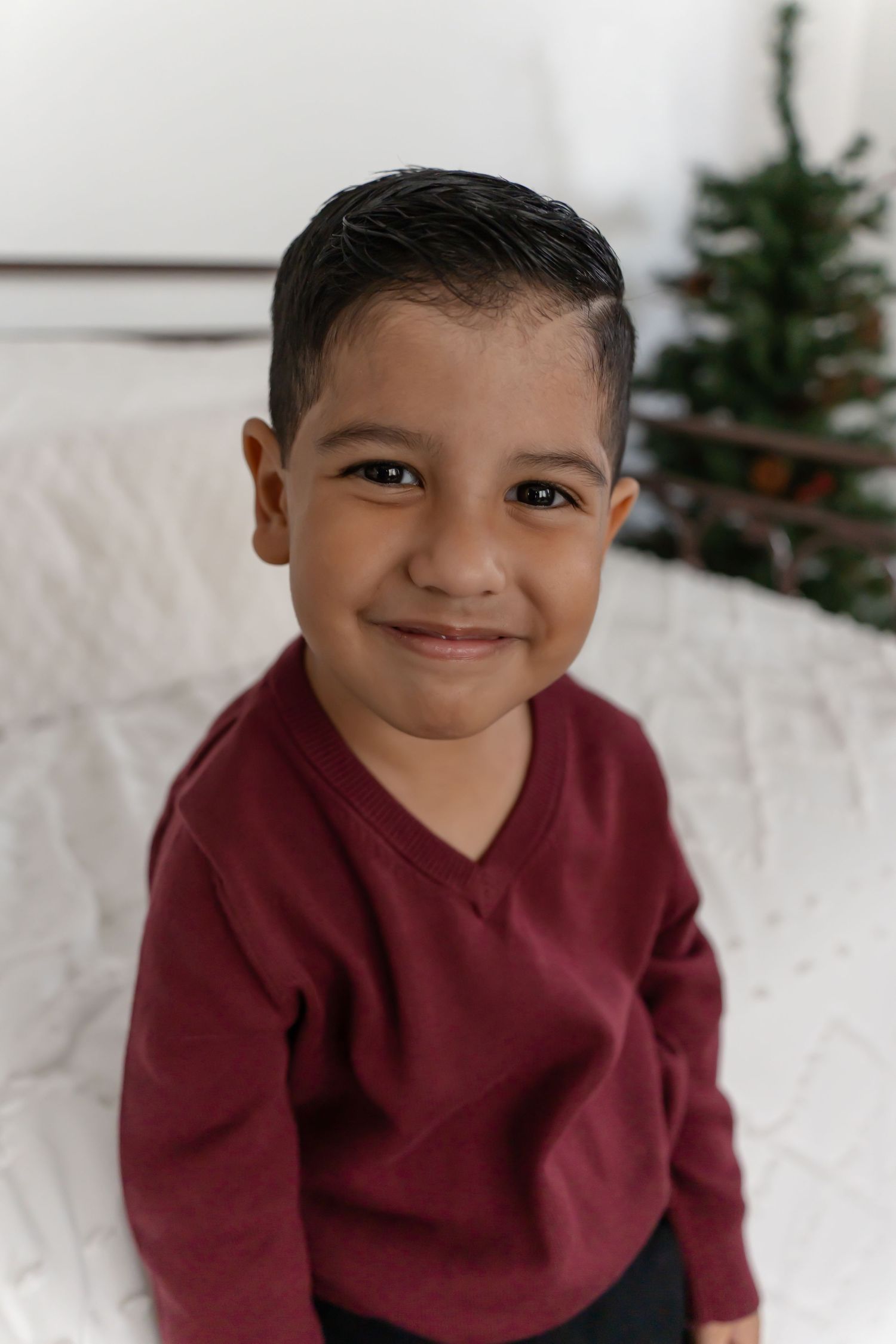 A series of candid shots showing a young child in a burgundy sweater against a light background with holiday decor.