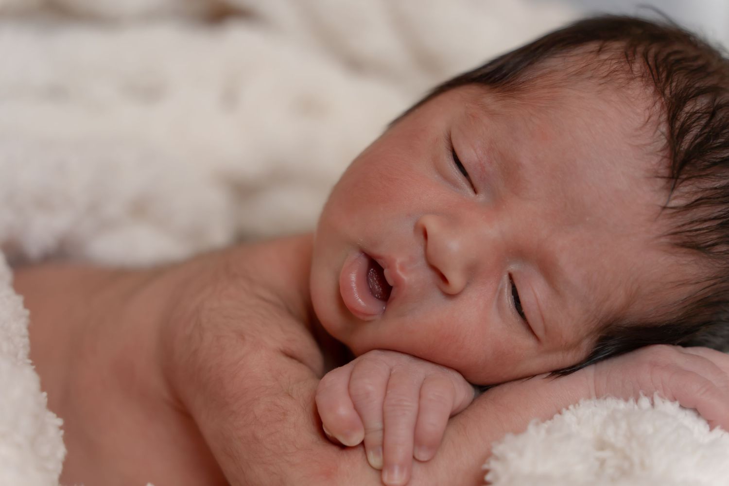 Sleeping newborn baby captured in gentle natural light during photo session.