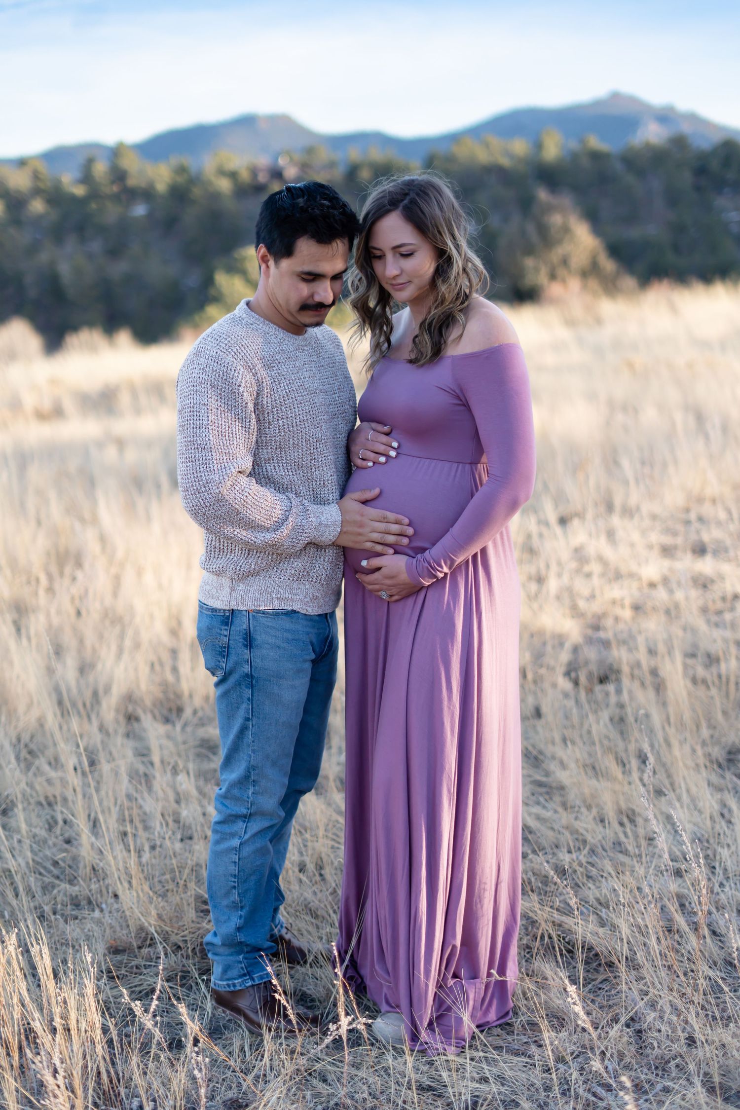An expectant couple shares an intimate moment outdoors in a field with mountains in the background.