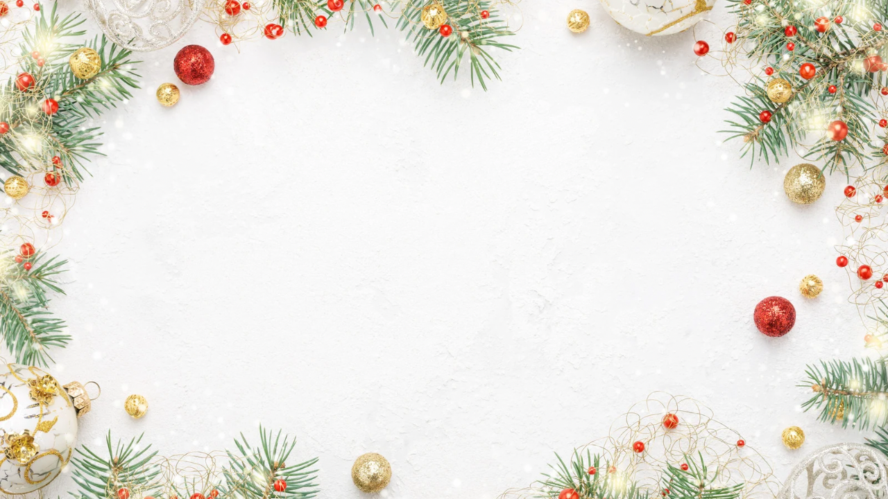 Festive Christmas border design with pine branches, red berries, and gold ornaments on white background.