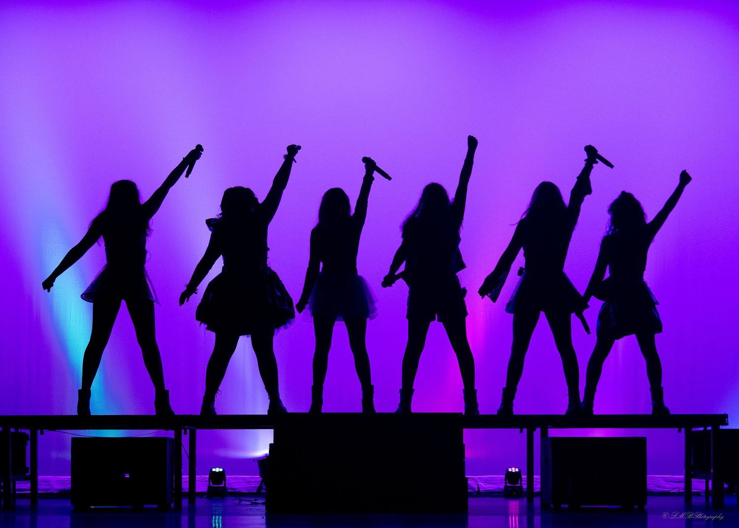 Silhouettes of performers striking dynamic poses against a vibrant purple stage background.