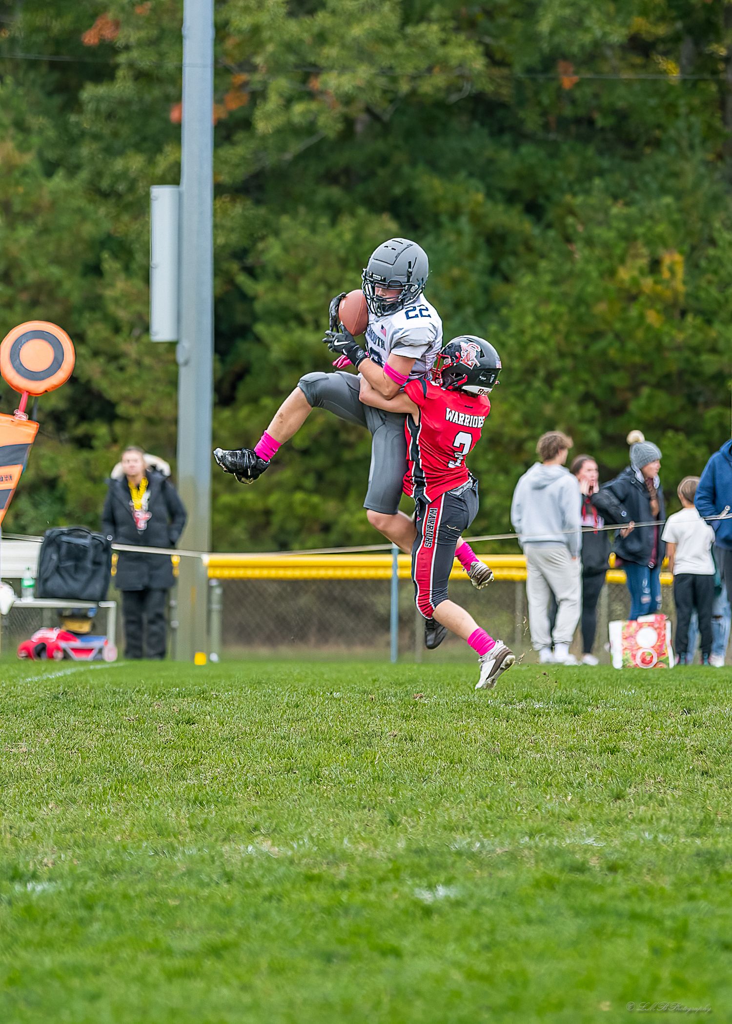 Football players colliding during tackle attempt on grassy field with fall foliage in background.