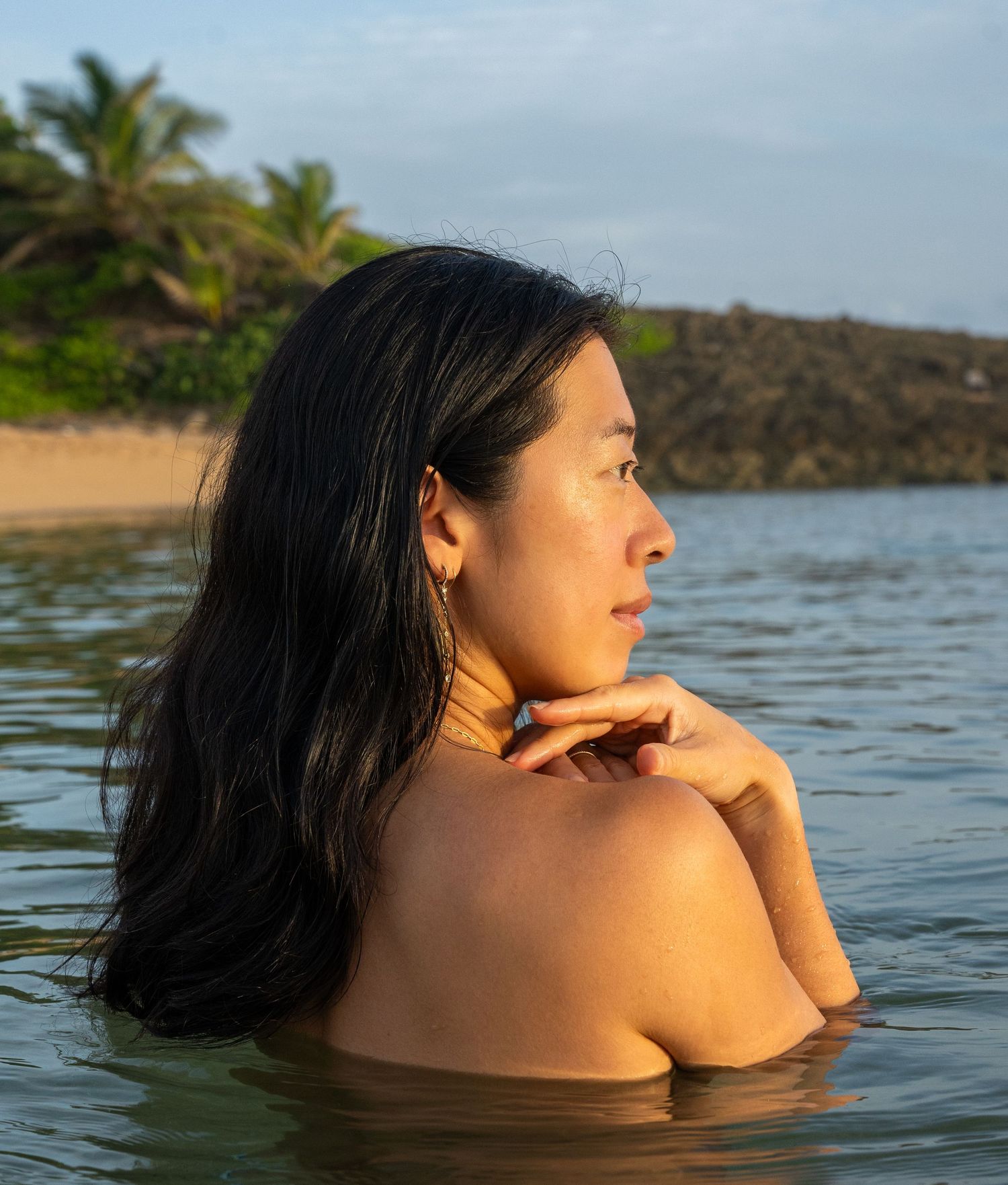 Serene water portrait with tropical palm trees and calm ocean in the background.
