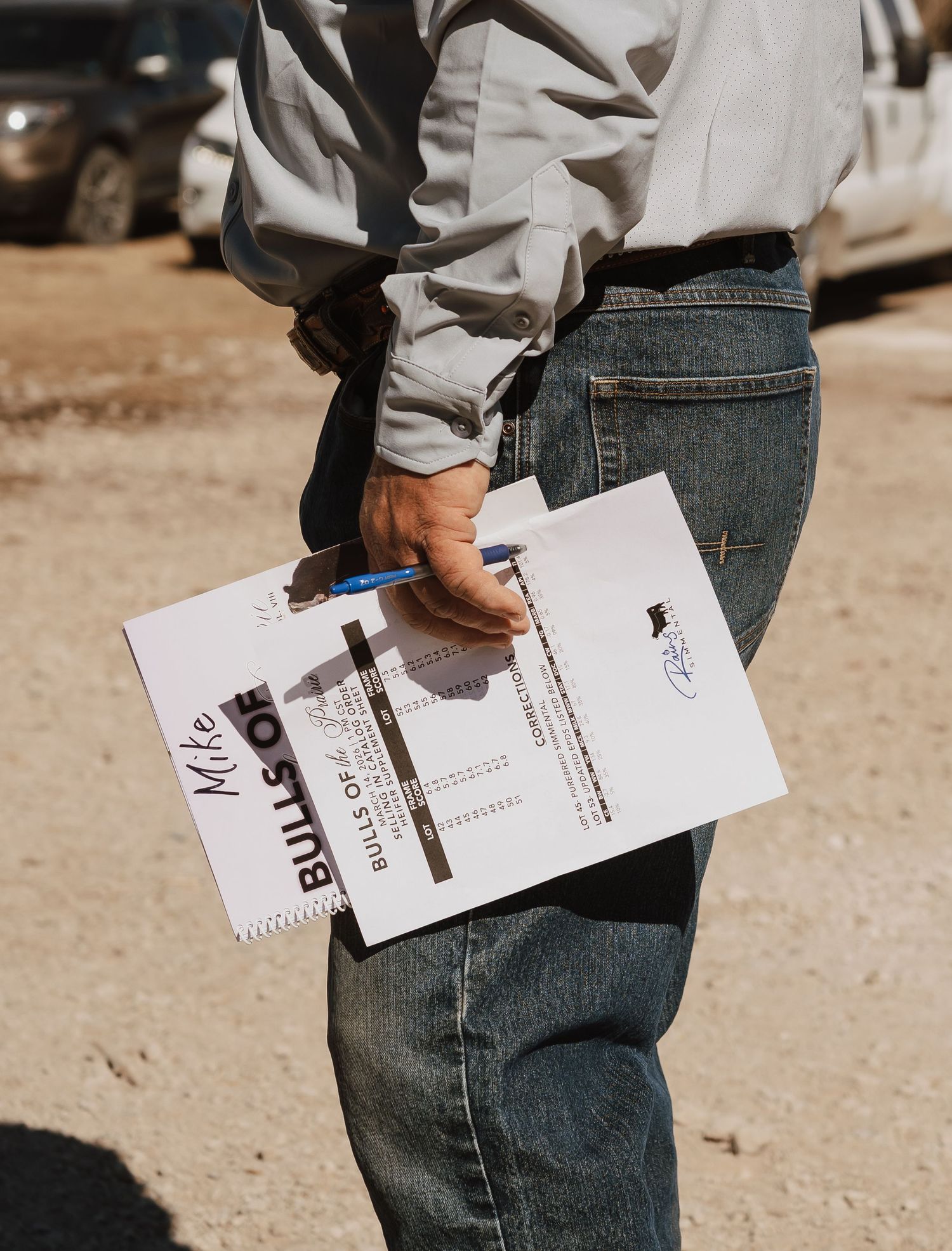 Person holding Bulls of Heaven sale catalog and pen outdoors at a cattle auction event.