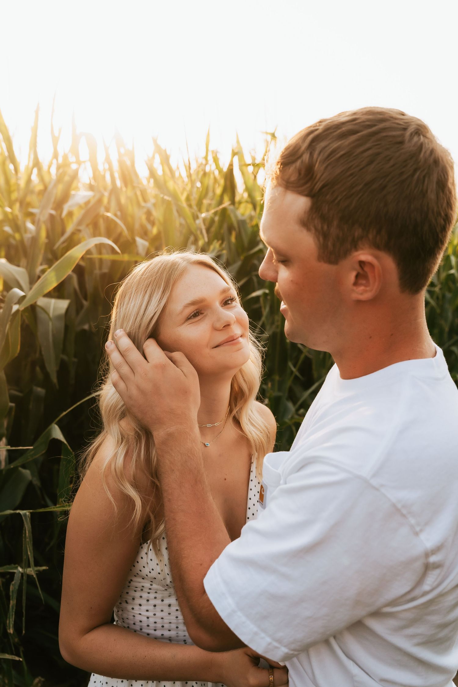 A couple shares a tender moment in a sunlit cornfield, the man gently touching the blonde woman's hair.