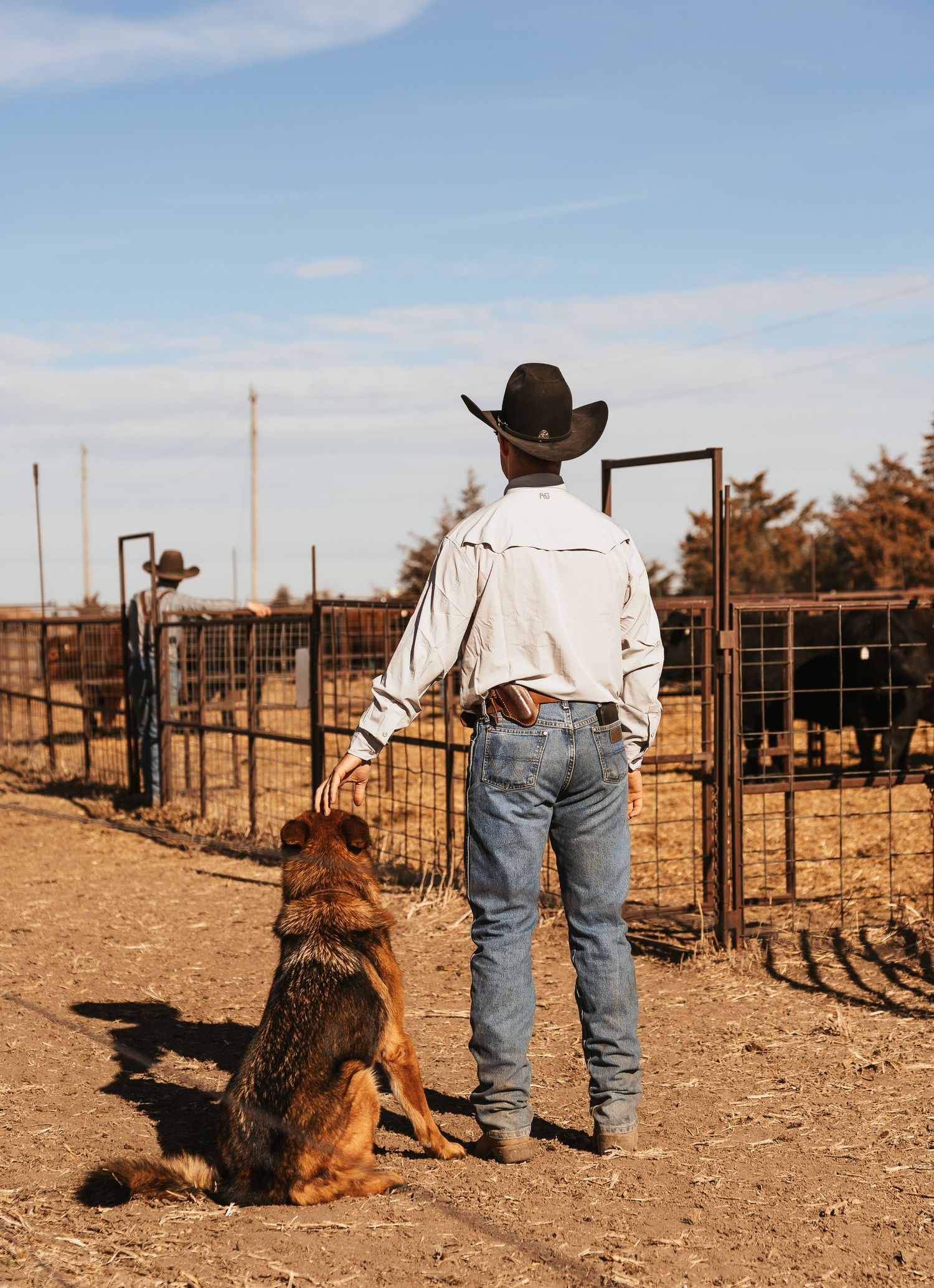 A cowboy in a black hat and jeans stands with a German Shepherd dog at a cattle ranch fence.