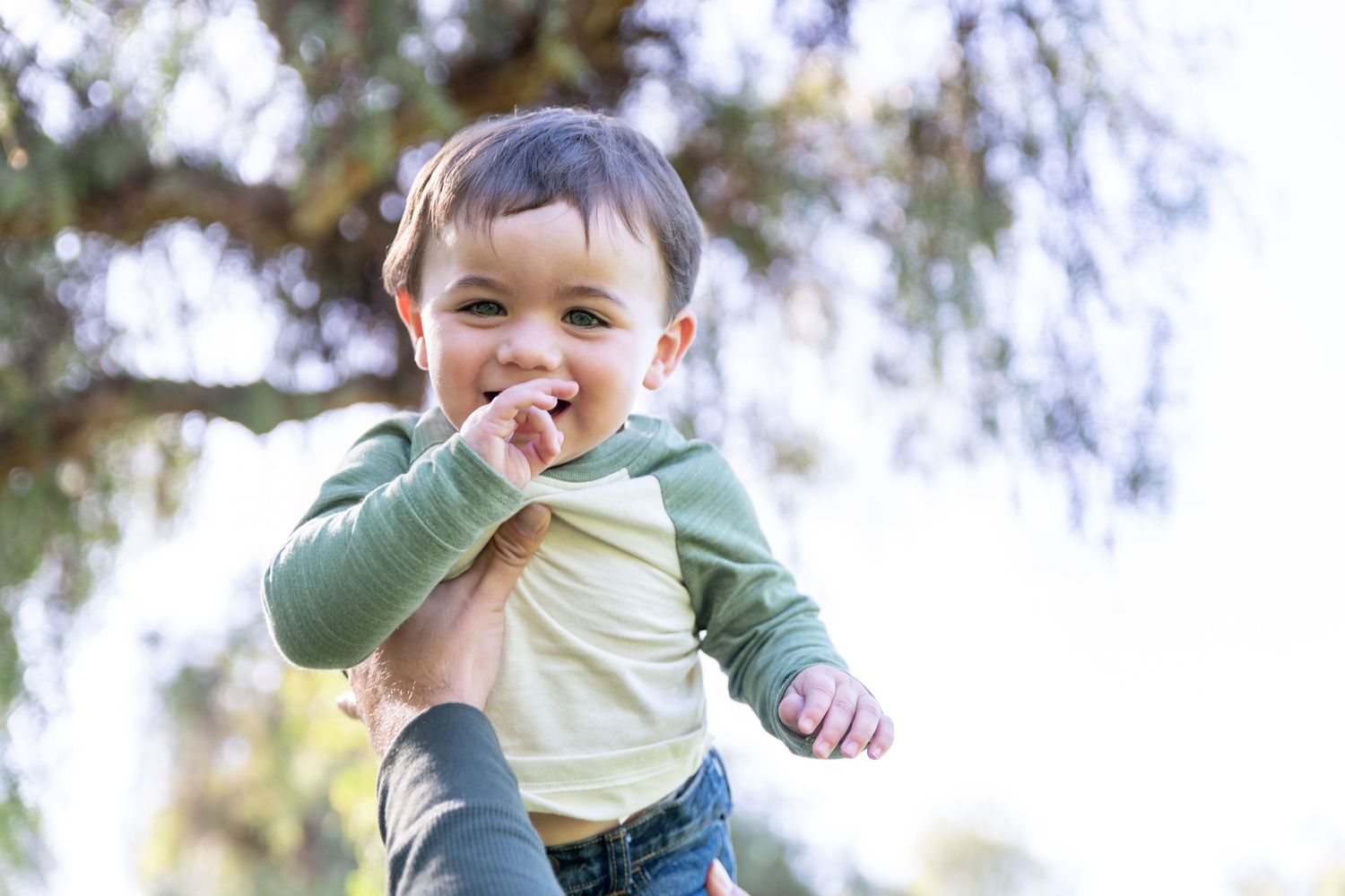 A child plays with sticks under sunlit trees in a playful outdoor scene.