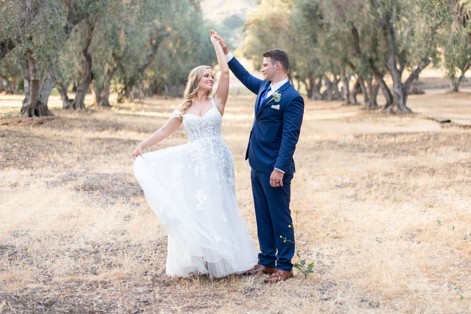 Artistic outdoor wedding photo sequence with couples in a tree-lined setting.