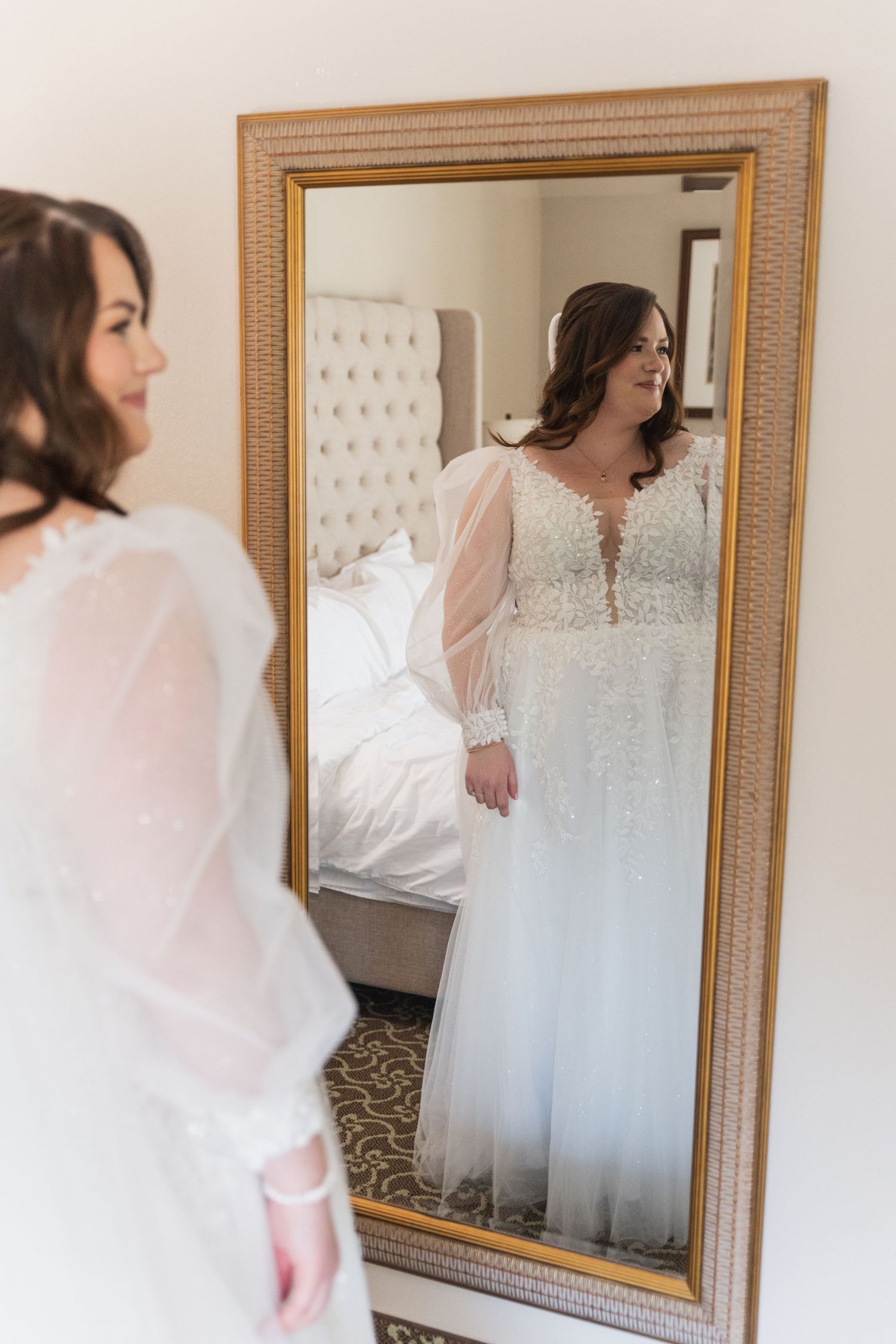 Bridal preparation sequence reflected in an ornate gold-framed mirror.