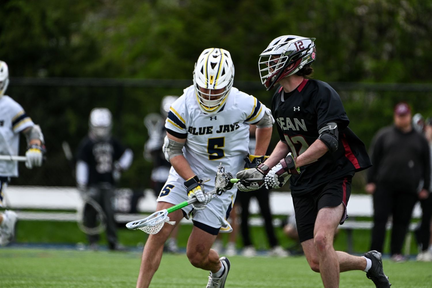 Two lacrosse players compete on a green field, one wearing a Blue Jays uniform, during an outdoor game.