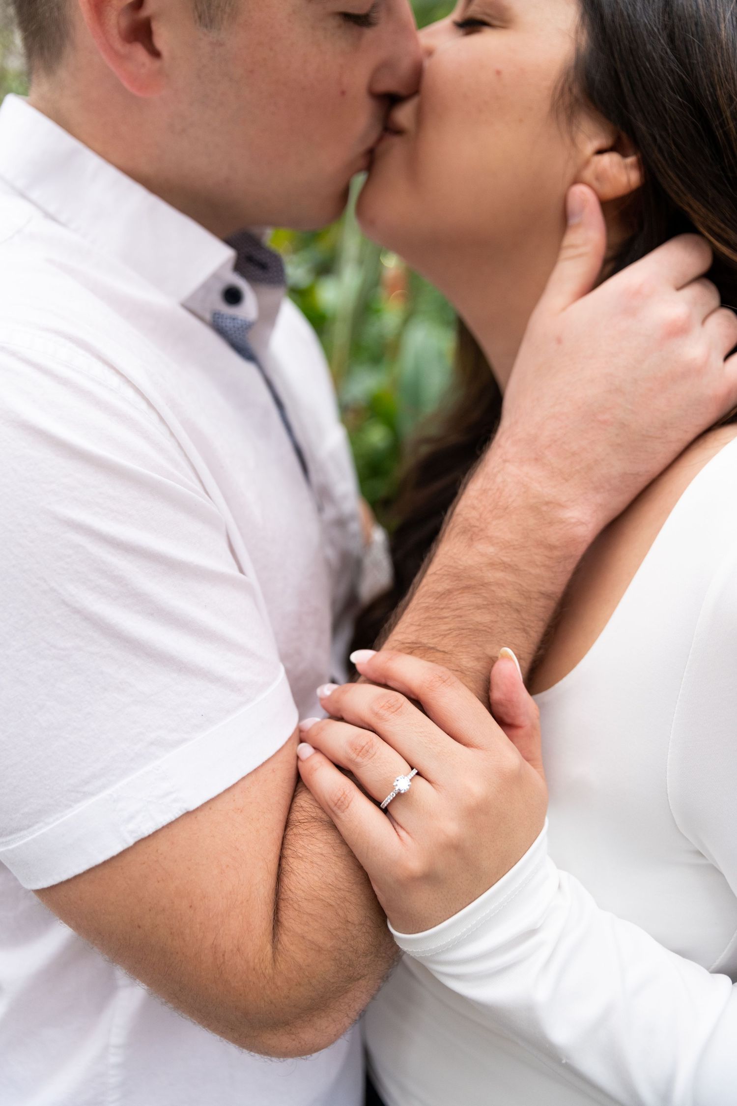 Close-up romantic photo series showing tender moments and an engagement ring.
