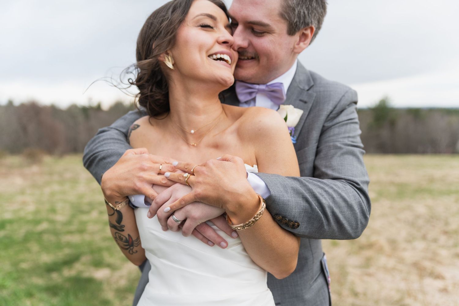 A series of romantic wedding photos showing tender moments between newlyweds in an outdoor setting.