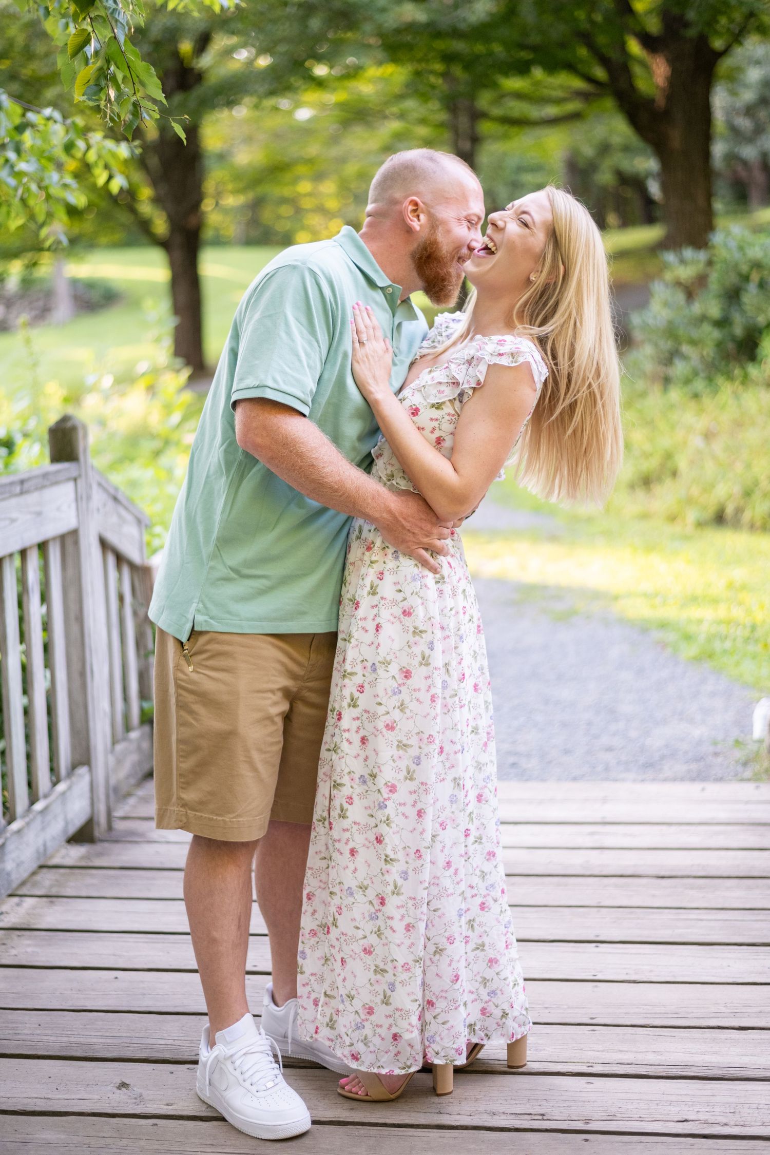 Romantic photo sequence of a couple sharing tender moments on a wooden dock.