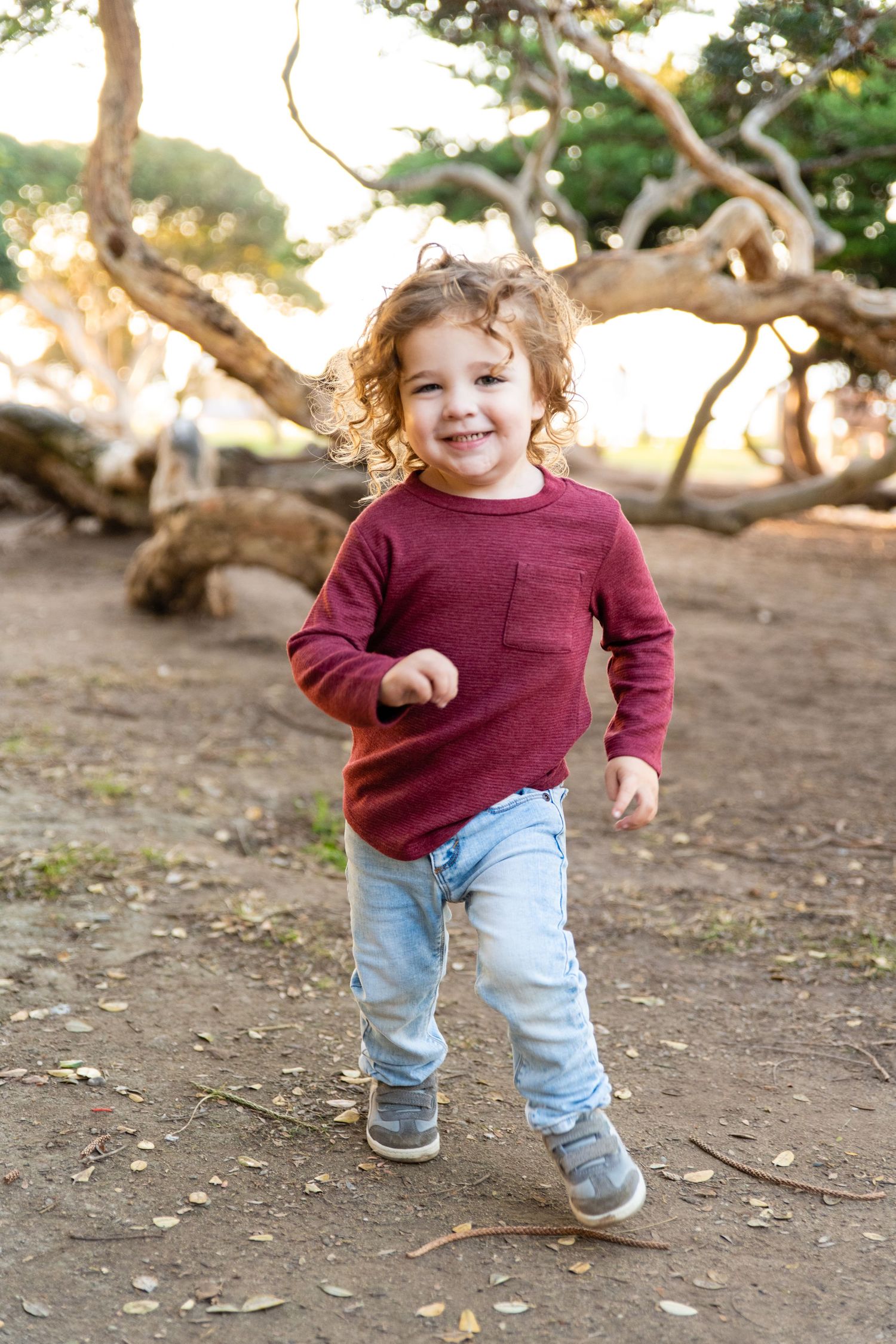 Child in burgundy sweater running and playing near fallen tree branches outdoors.