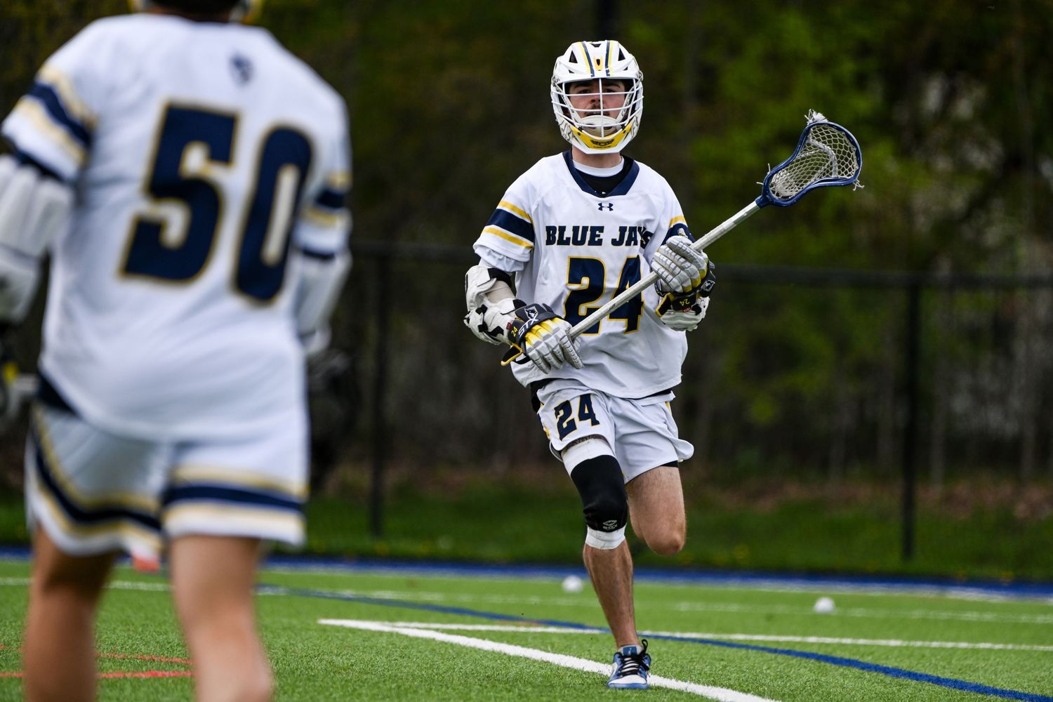 Blue Jays number 24 lacrosse player holds stick ready during an outdoor collegiate lacrosse game.