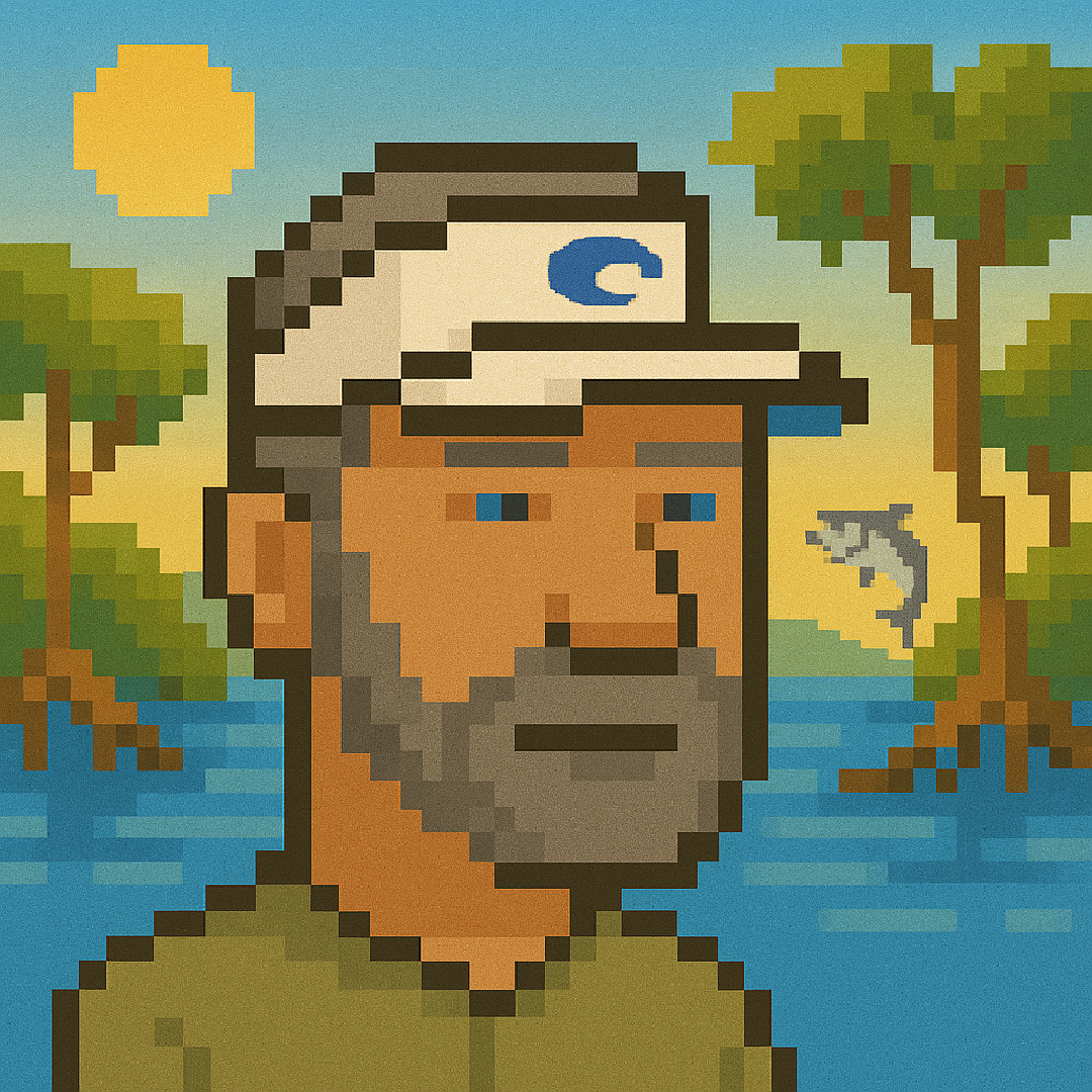Pixel portrait of Tom Bledsoe in a fishing cap.