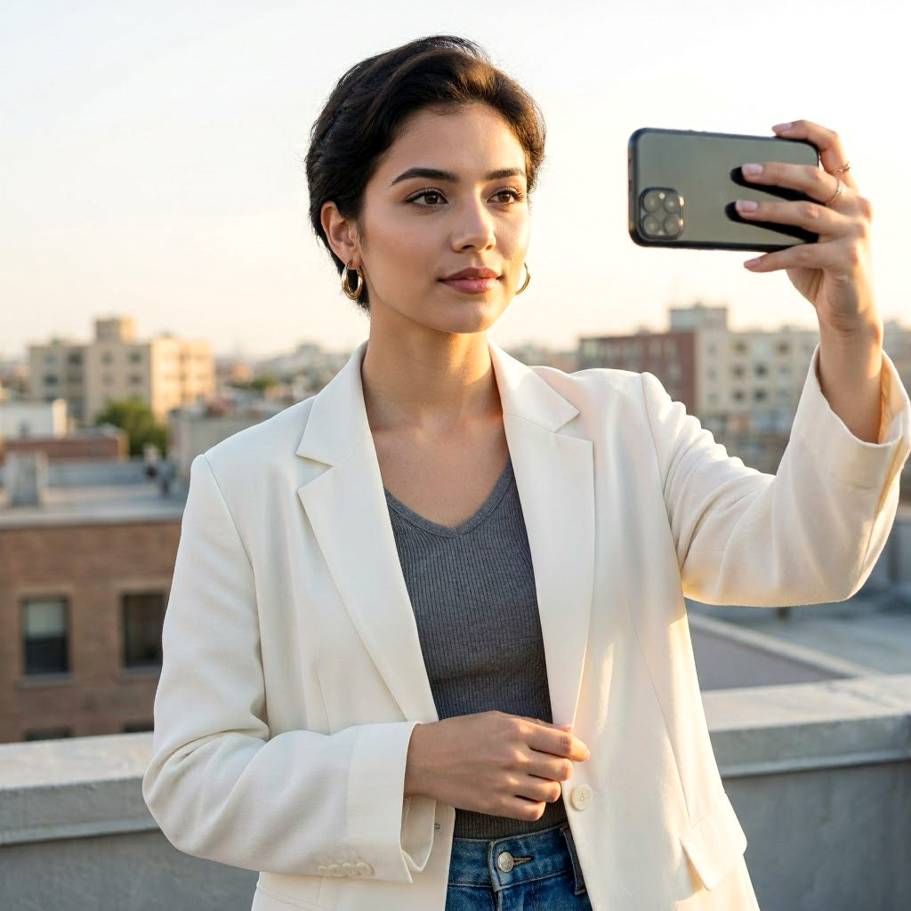 Young woman in white blazer taking a selfie with smartphone on urban rooftop at sunset.