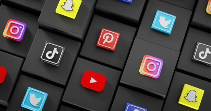 3D render of popular social media app icons including Instagram, YouTube, TikTok, and Twitter.