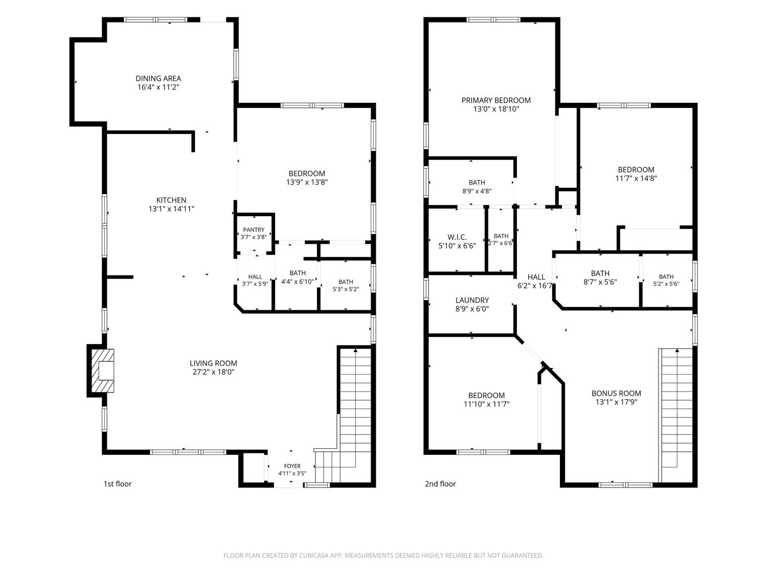 Two-story residential floor plan showing living room, kitchen, dining area, four bedrooms, and laundry room layout.