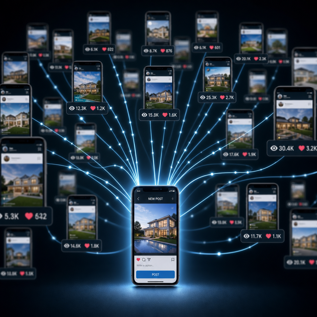 Smartphone displaying real estate posts with glowing blue network connections spreading to multiple property images.