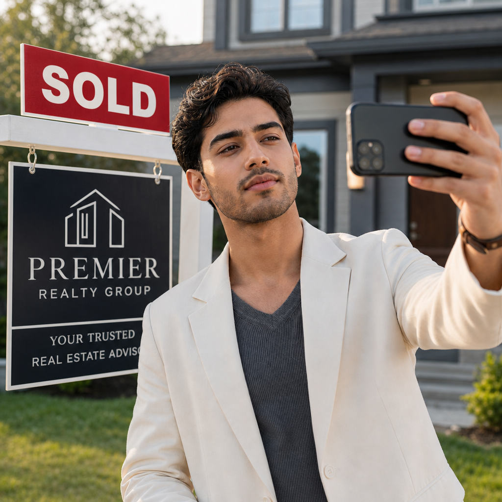 Young male real estate agent taking selfie in front of Premier Realty Group sold sign outside home.