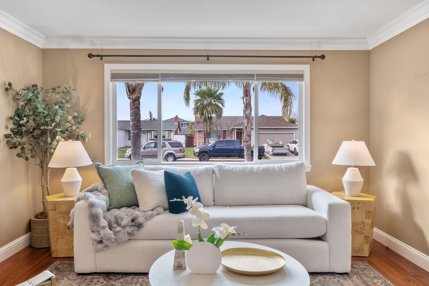 Bright living room with large picture window, white sofa, hardwood floors, and view of palm trees and suburban street.