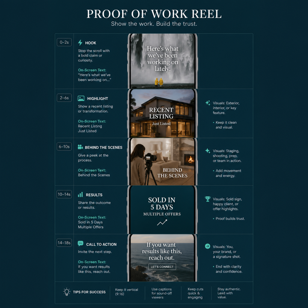 Proof of Work Reel social media content strategy template for real estate agents with step breakdown.