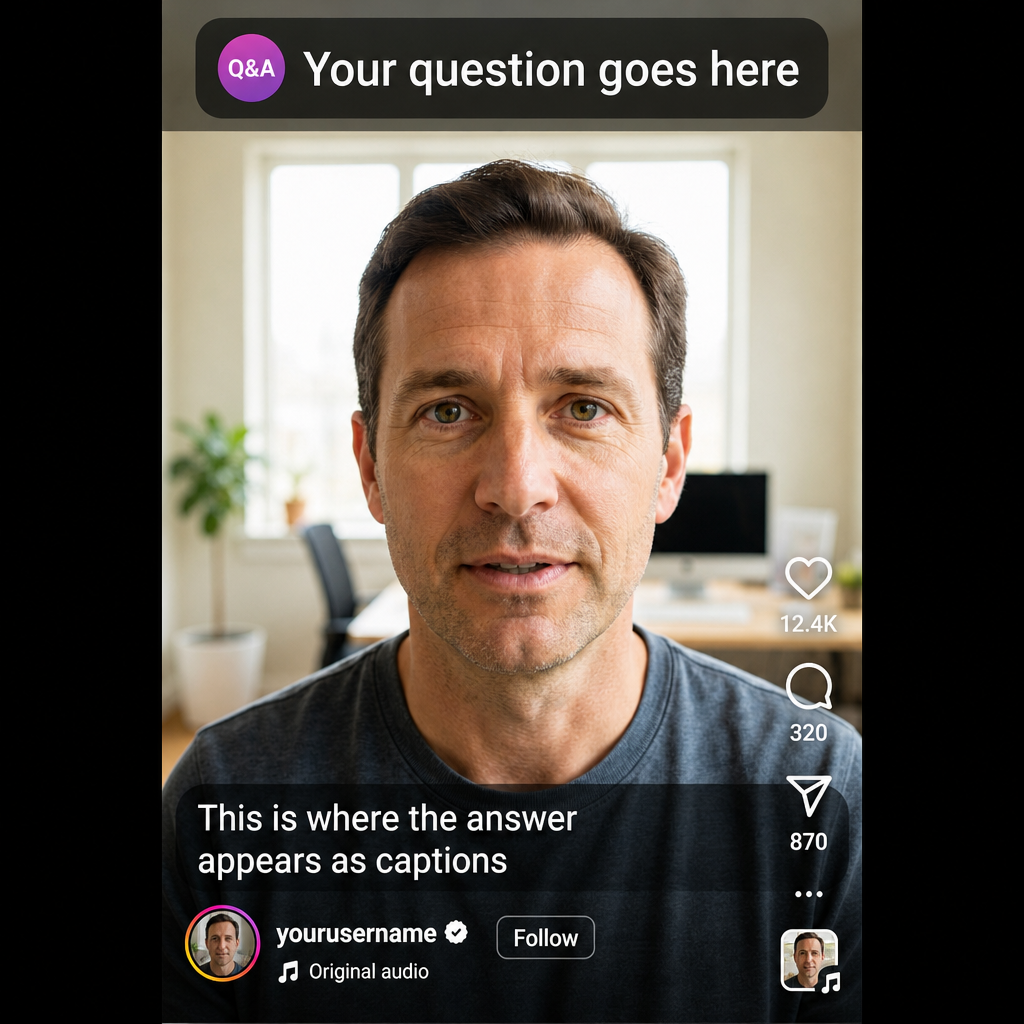 Instagram Reel mockup showing Q&A format with man answering question displayed as captions on screen.
