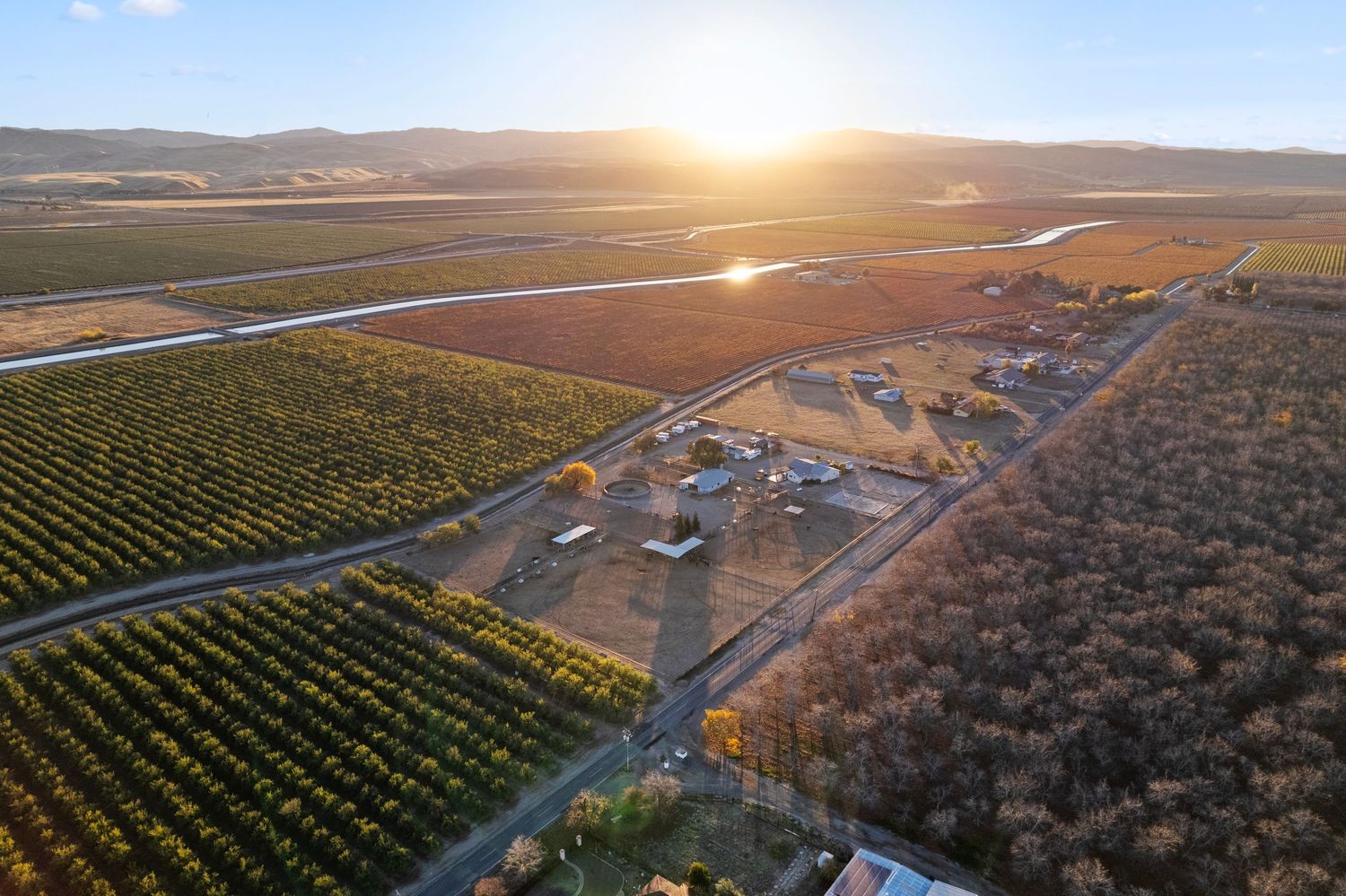 Aerial sunset view of sprawling vineyard and orchard farmland with winding road in California wine country.