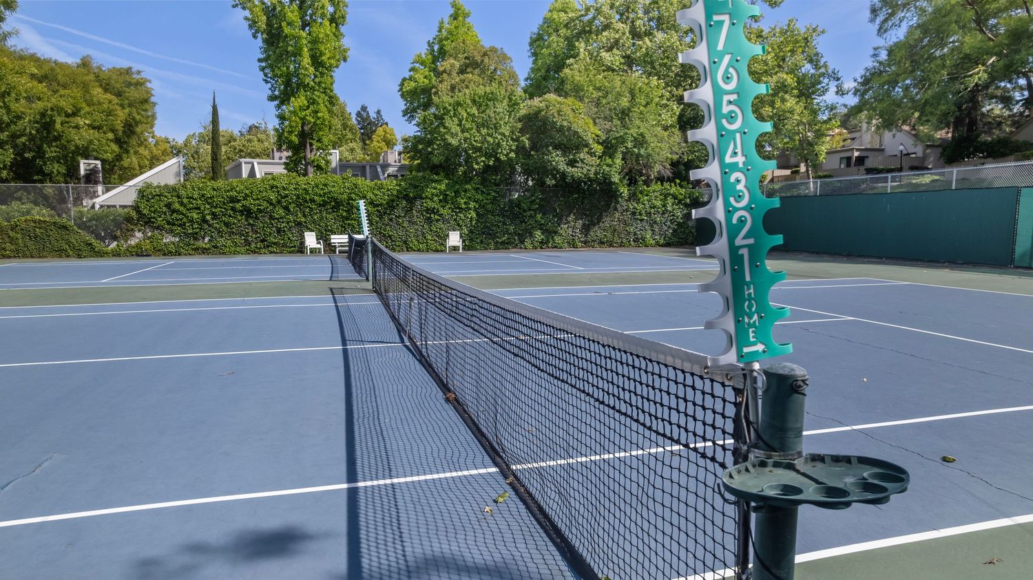 Well-maintained blue tennis court with net and scoring post, surrounded by lush green trees in a residential setting.