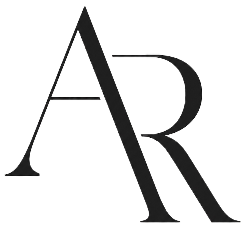 Elegant AR monogram logo in black serif font on white background.