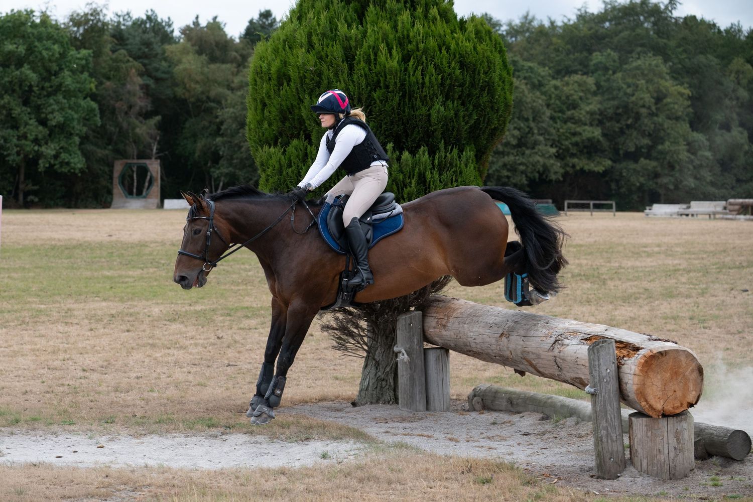 Equestrian rider on brown horse jumping over a log obstacle during cross-country training in an open field.