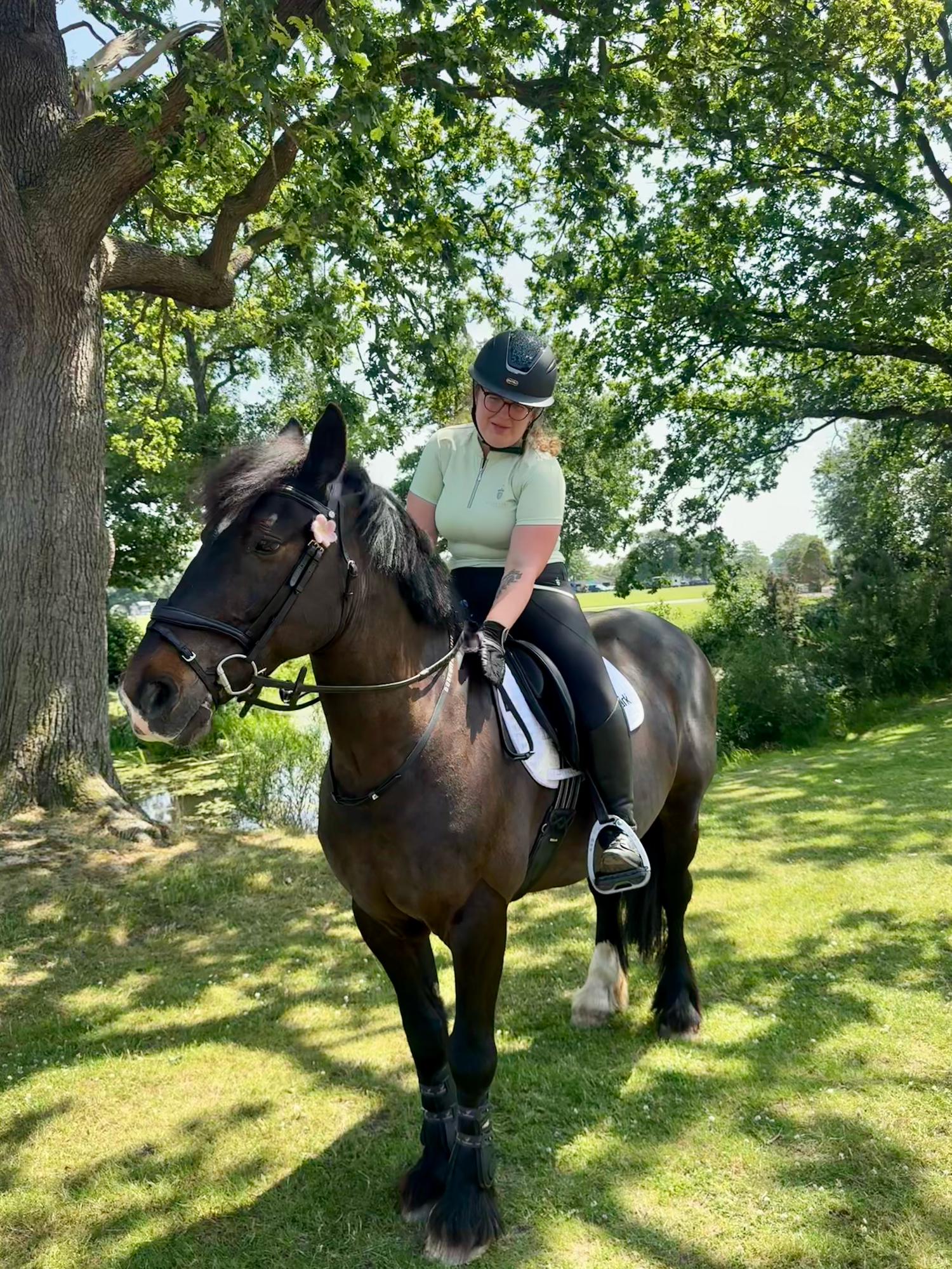A rider in a green shirt and helmet sits atop a dark bay horse in a shaded grassy area beneath large trees.