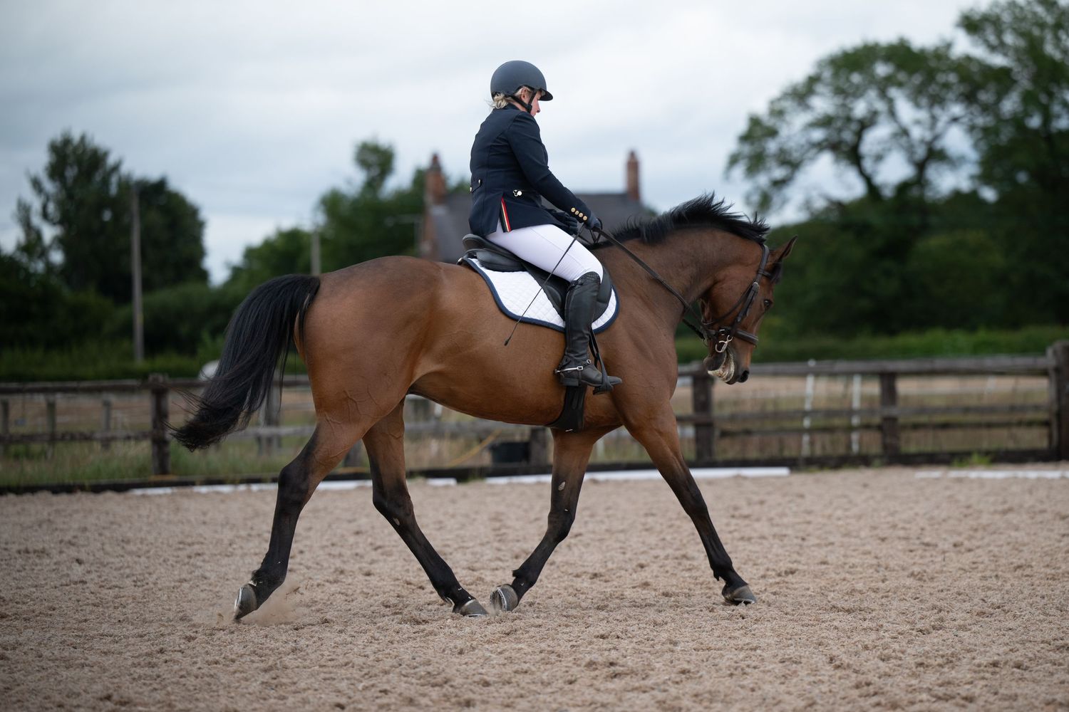 A rider in black jacket and helmet performs dressage on a bay horse in a sandy arena.