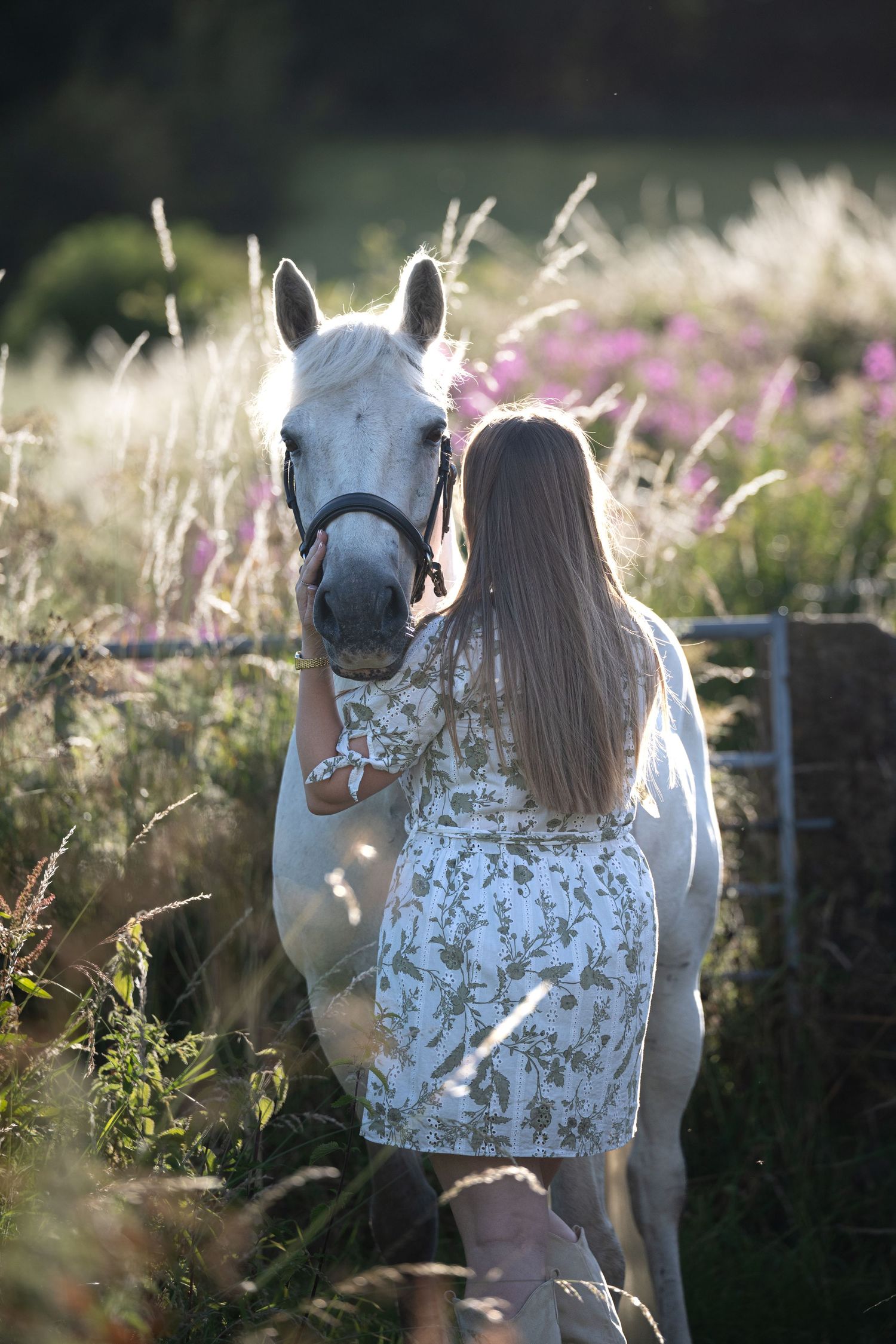 A young woman in a floral dress gently holds a white horse in a sunlit meadow with wildflowers.