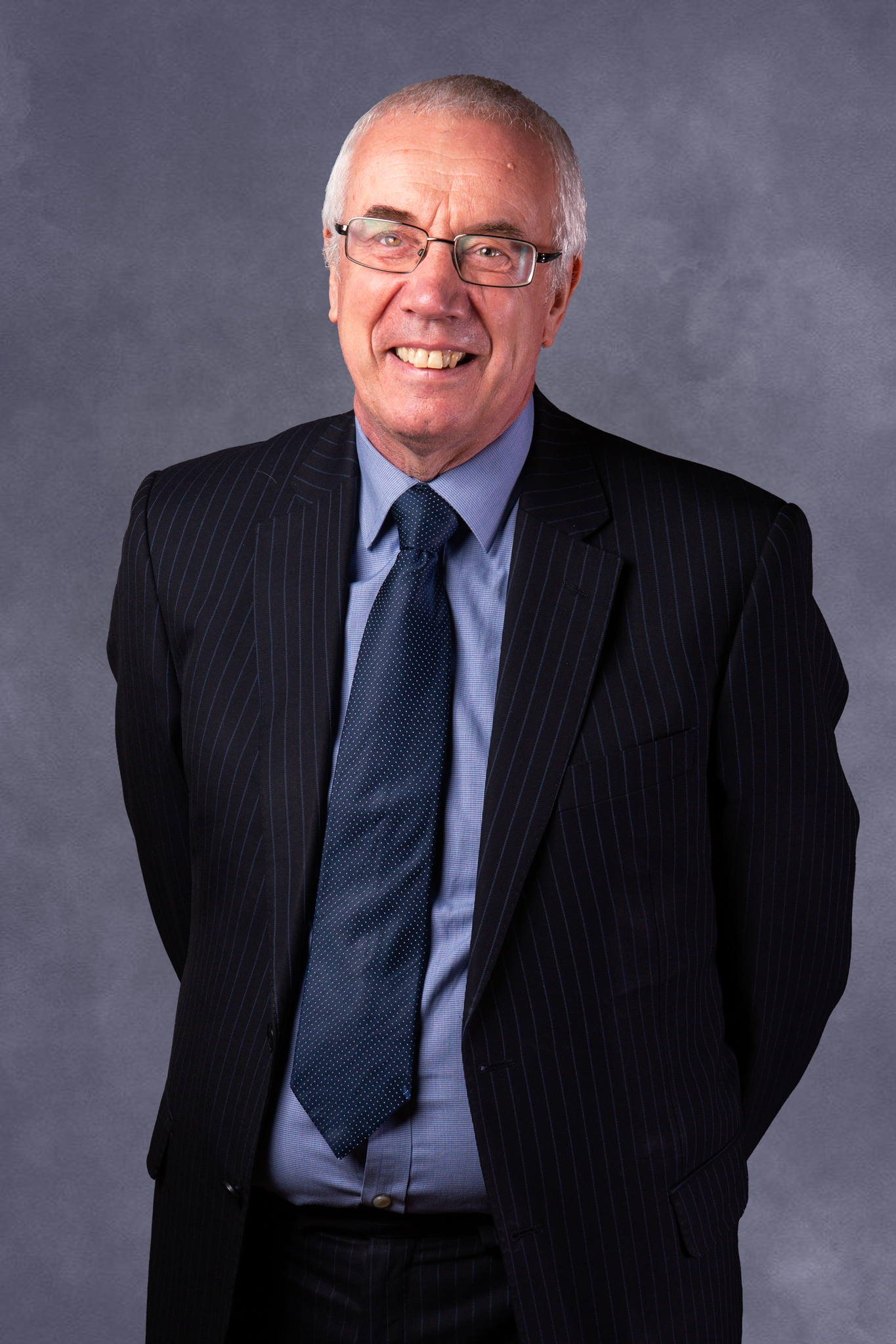 Professional business portrait of someone wearing a pinstriped suit, blue tie and glasses against a gray background.