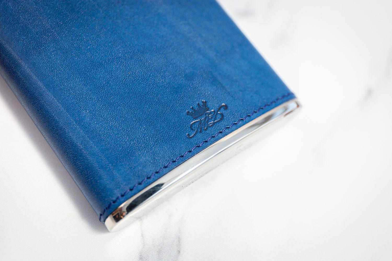 luxury leather hunter hip flask blue