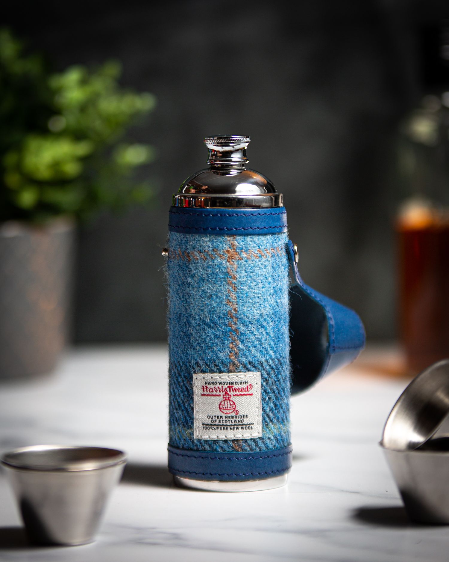 luxury leather hunter hip flask with blue harris tweed