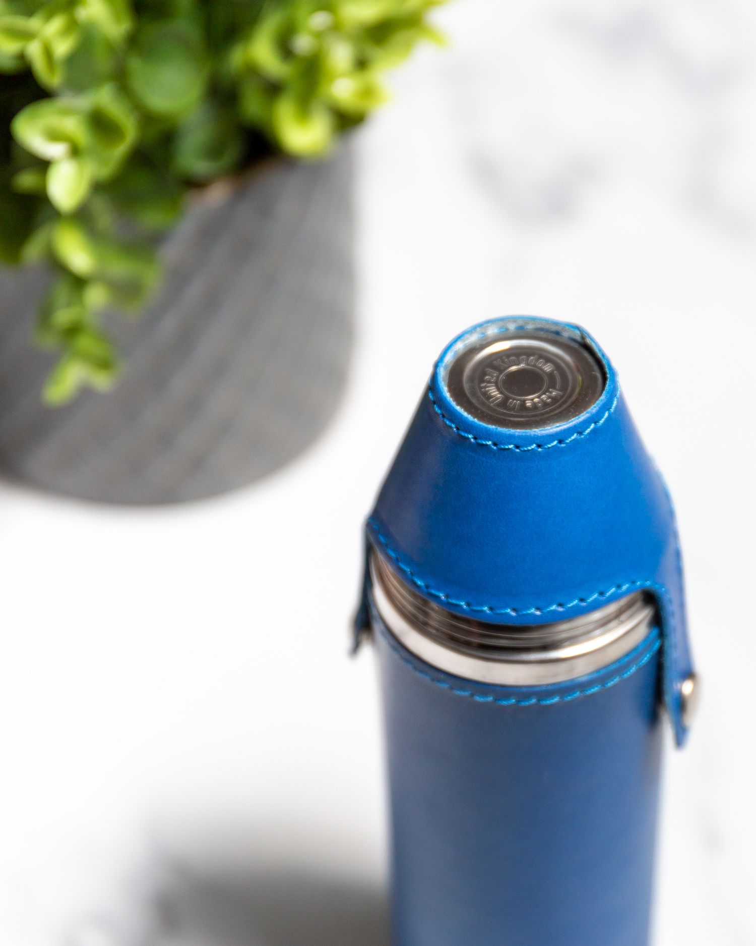 luxury leather hunter hip flask blue