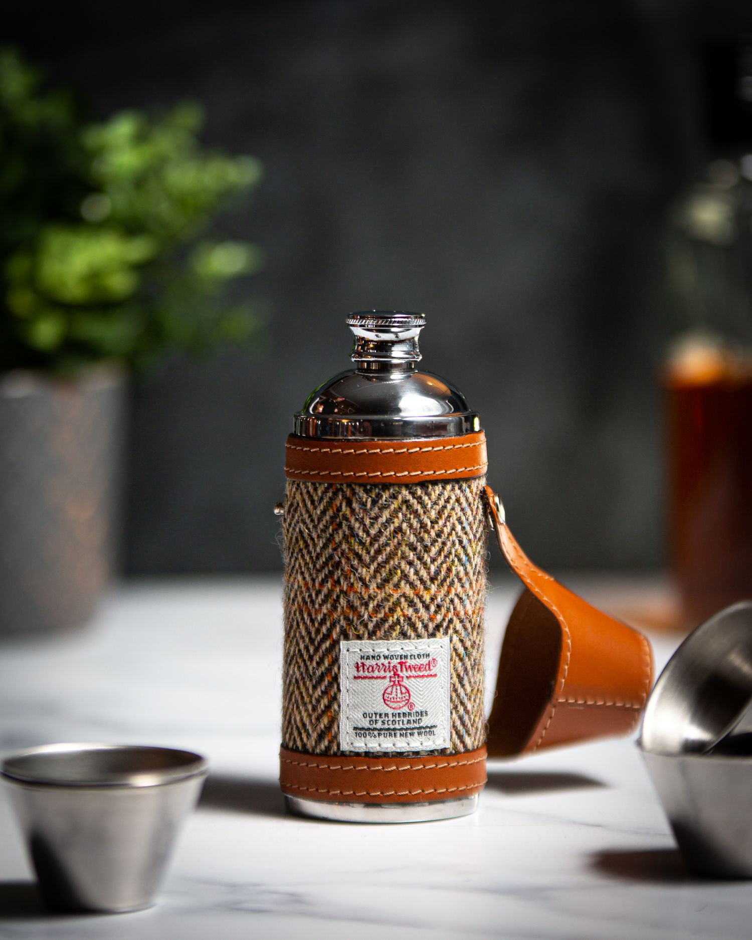 luxury leather hunter hip flask with harris tweed