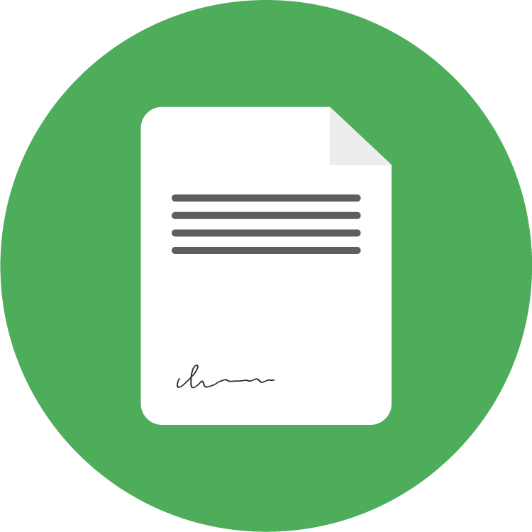 Simple icons showing document signing process with paper, signature, and envelope in green circular designs.
