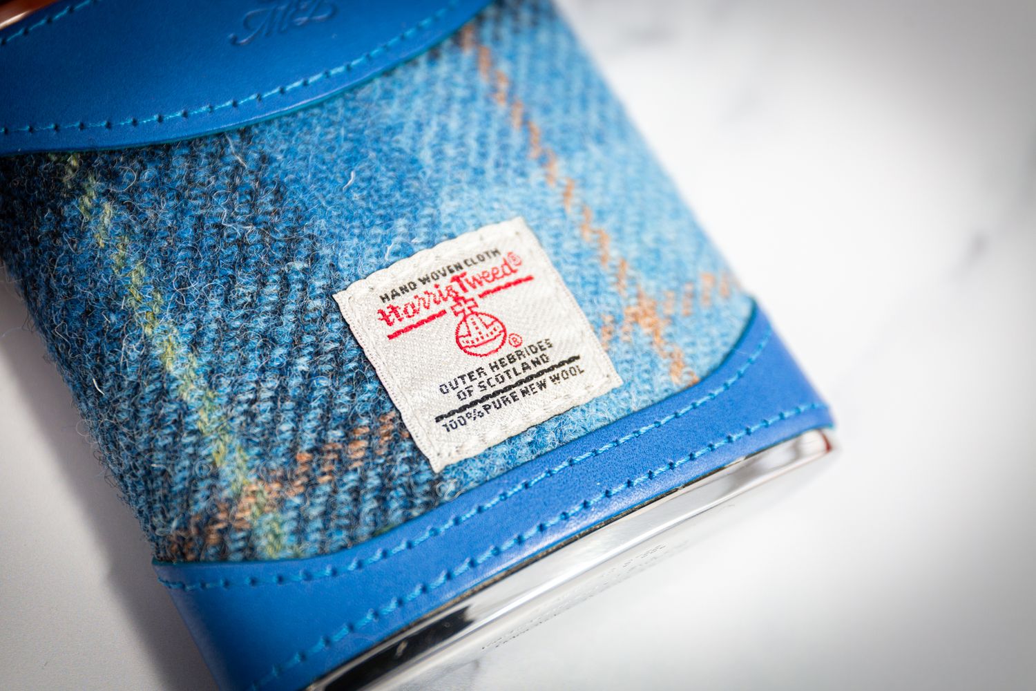 luxury leather hip flask blue harris tweed