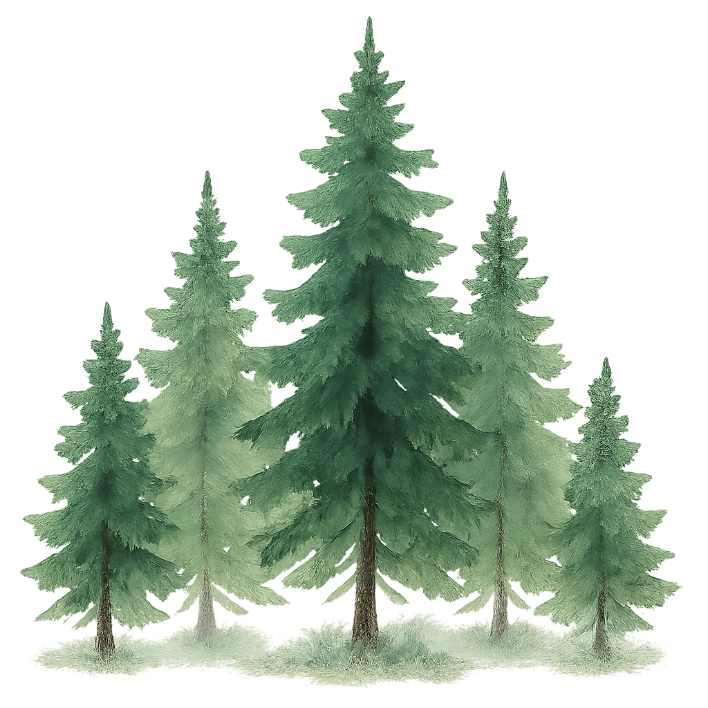 Watercolor illustration of tall evergreen pine trees in a misty forest setting against a white background.