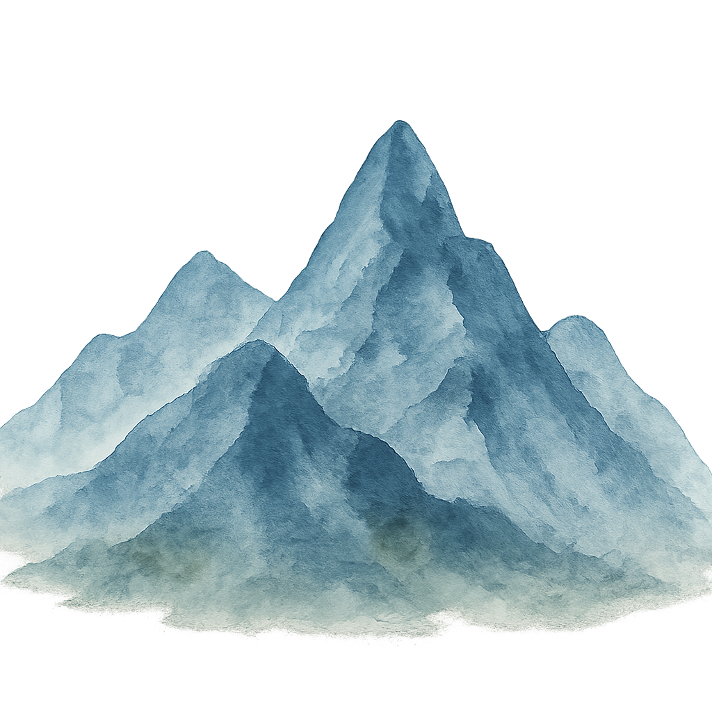 Watercolor mountain landscape silhouettes in shades of blue and green painted in a minimalist style.