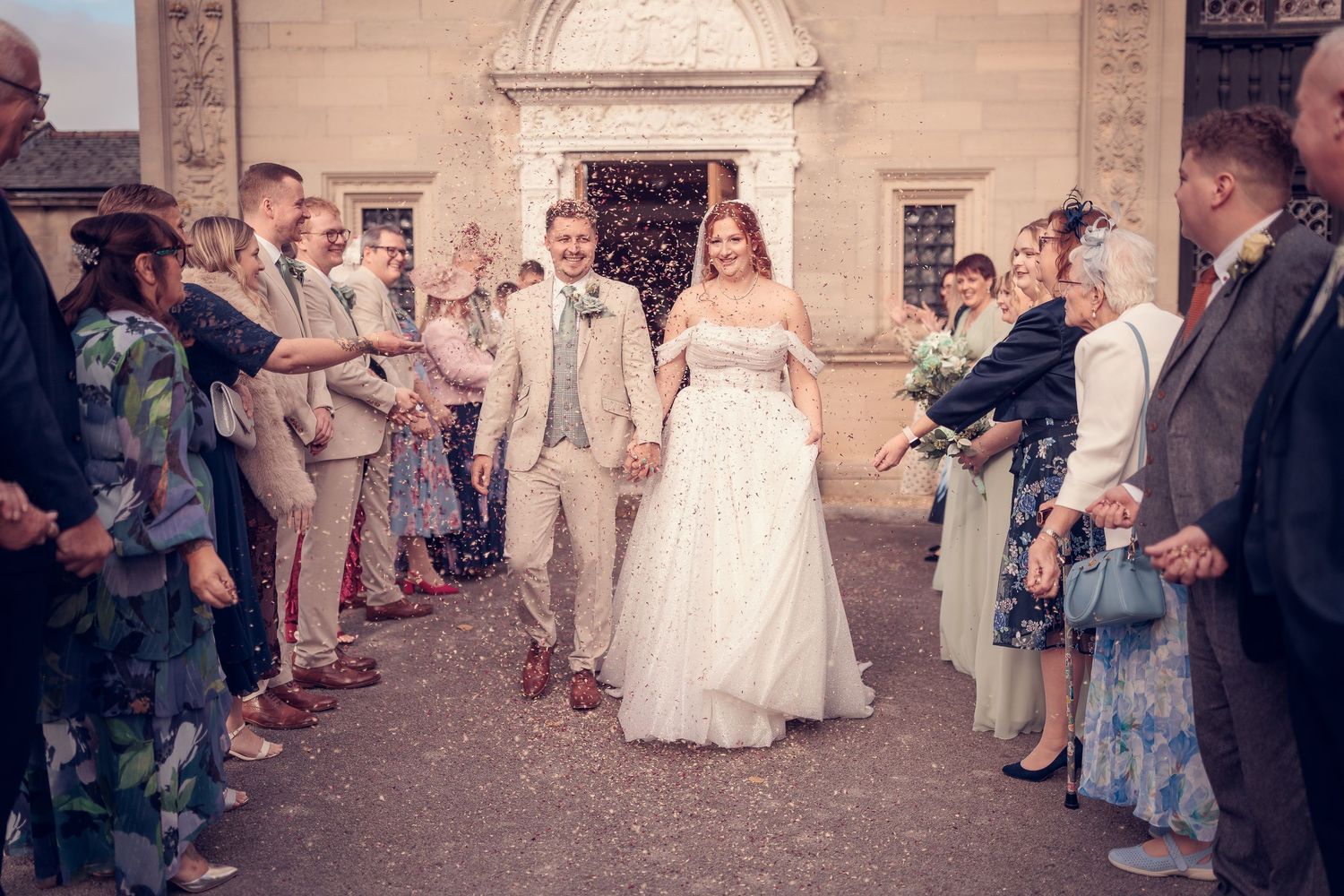 A series of vintage-style wedding photographs showing guests and celebrations at a traditional church ceremony.