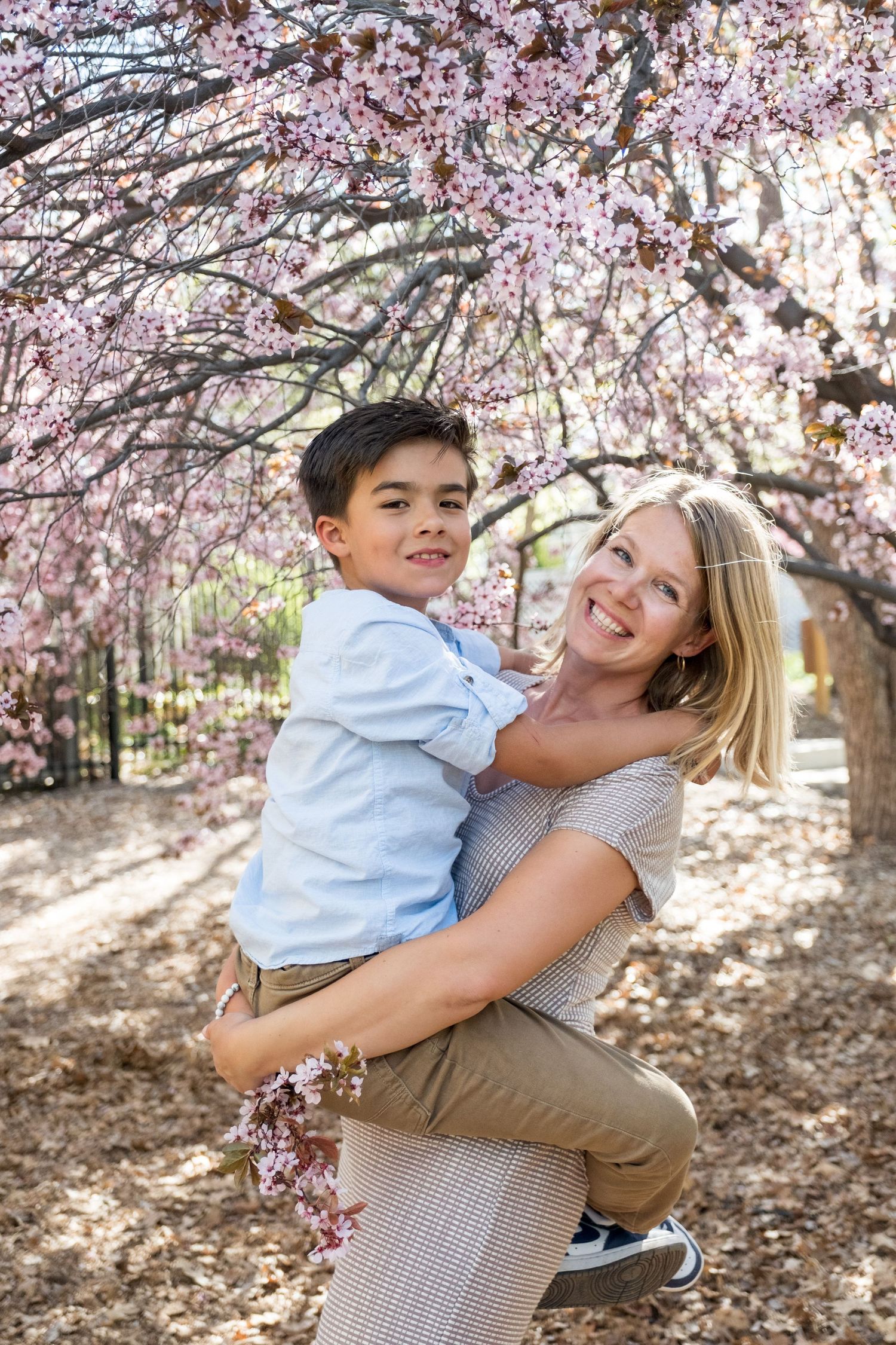 A joyful embrace under blooming cherry blossom trees in springtime creates a heartwarming outdoor portrait.