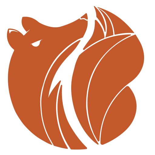 Circular orange fox logo with sleek lines, featuring a stylized fox curled into a ball with flowing tail feathers.