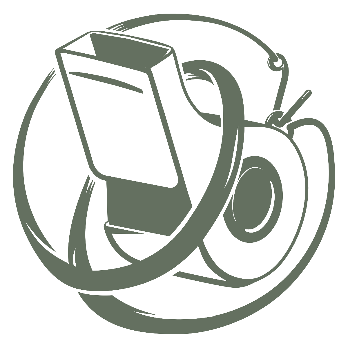 Vintage illustration of a whistle and apple with headphones in muted green tones, ideal for education or coaching themes.