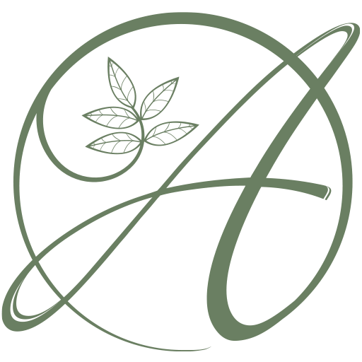 Elegant green botanical logo featuring a stylized letter A with decorative leaves and circular design elements.
